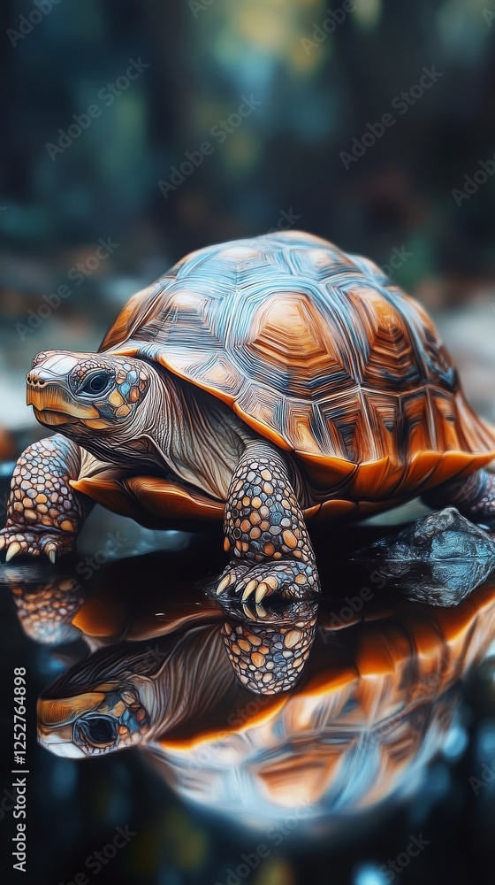 Obraz premium tortoise with patterned shell by water, artistic reflection. nature and wildlife concept
