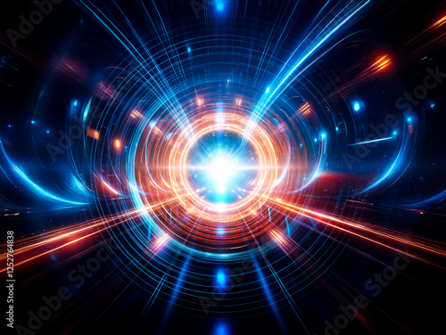 Abstract digital art with vibrant glowing blue and orange circular light streaks emanating from a bright center point on a dark backdrop. photo