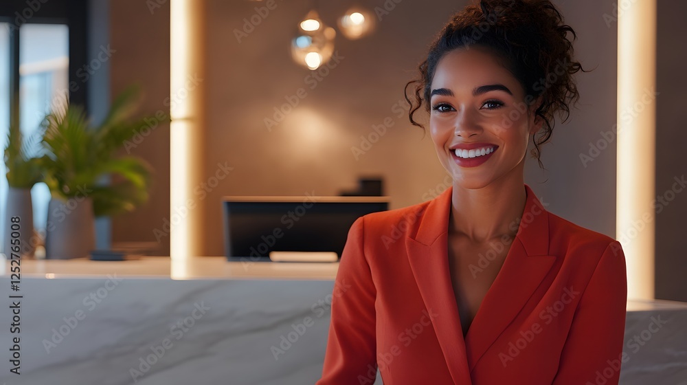 Smiling receptionist welcoming a guest at the front desk. Smiling receptionist welcoming a guest at the front desk.
