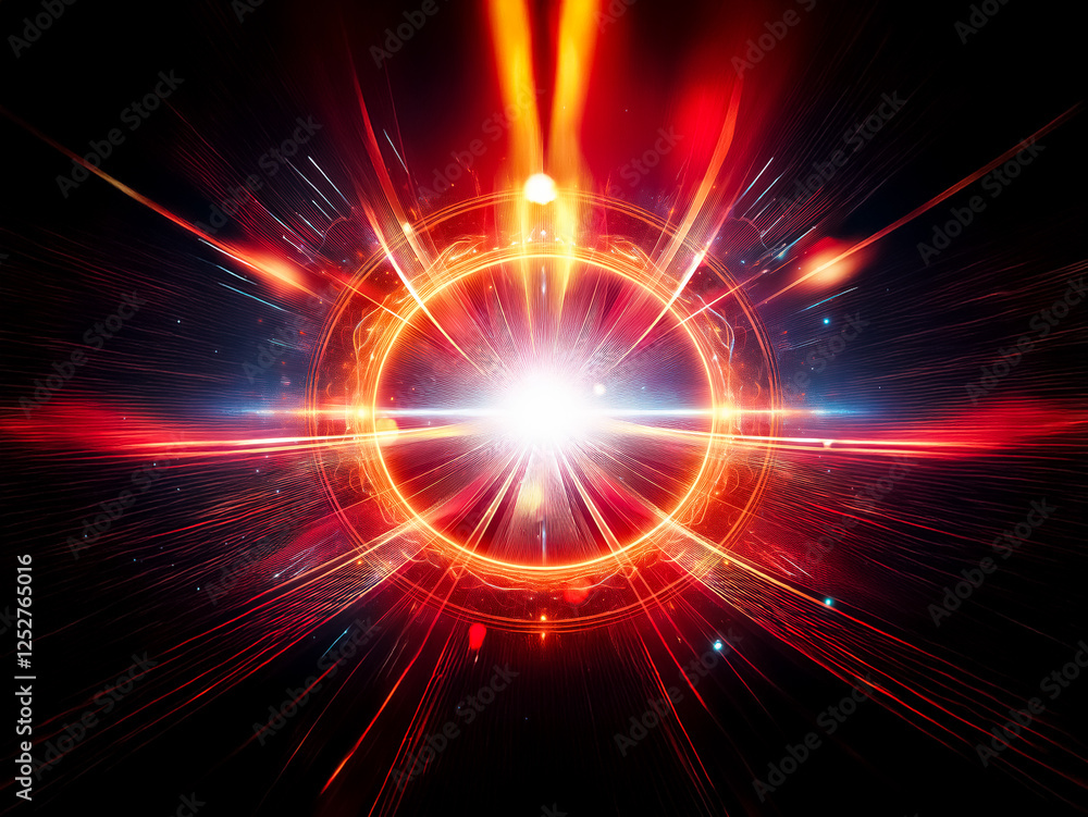 Obraz premium A vibrant, glowing ring of orange and blue energy radiates light, a bright core at its center against a dark, space-like background. The energy pulses outward, creating a dynamic, cosmic effect.