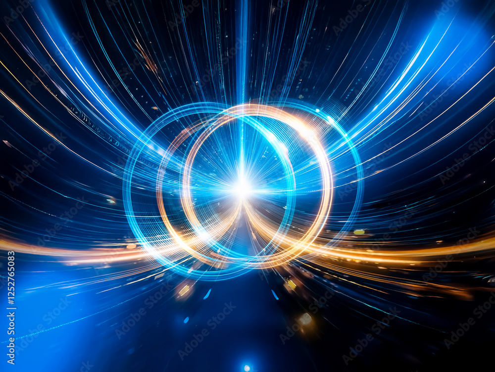 Fototapeta premium A vibrant burst of light radiates outward, forming dynamic circles with blue and orange trails, creating a futuristic and energetic visual.