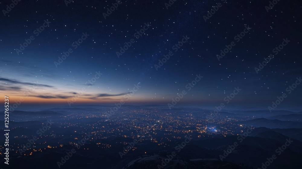 Night city lights, mountain view, starry sky, travel poster Night city lights, mountain view, starry sky, travel poster