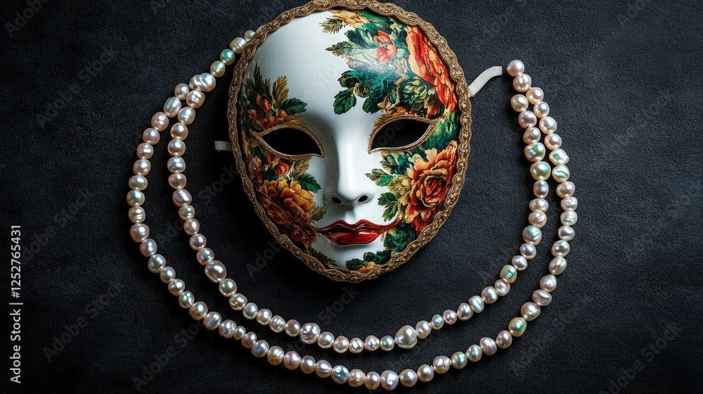 Delicate white elegant venetian mask adorned with a pearl necklace and intricate decorative elements Delicate white elegant venetian mask adorned with a pearl necklace and intricate decorative elements