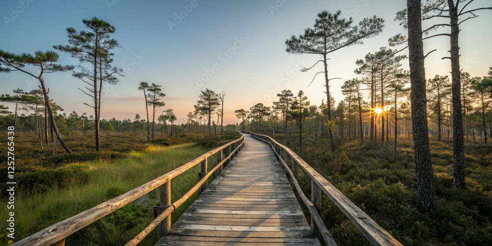 Nature boardwalk trail surrounded by tall trees and a golden sunrise, inviting a peaceful outdoor experience Nature boardwalk trail surrounded by tall trees and a golden sunrise, inviting a peaceful outdoor experience