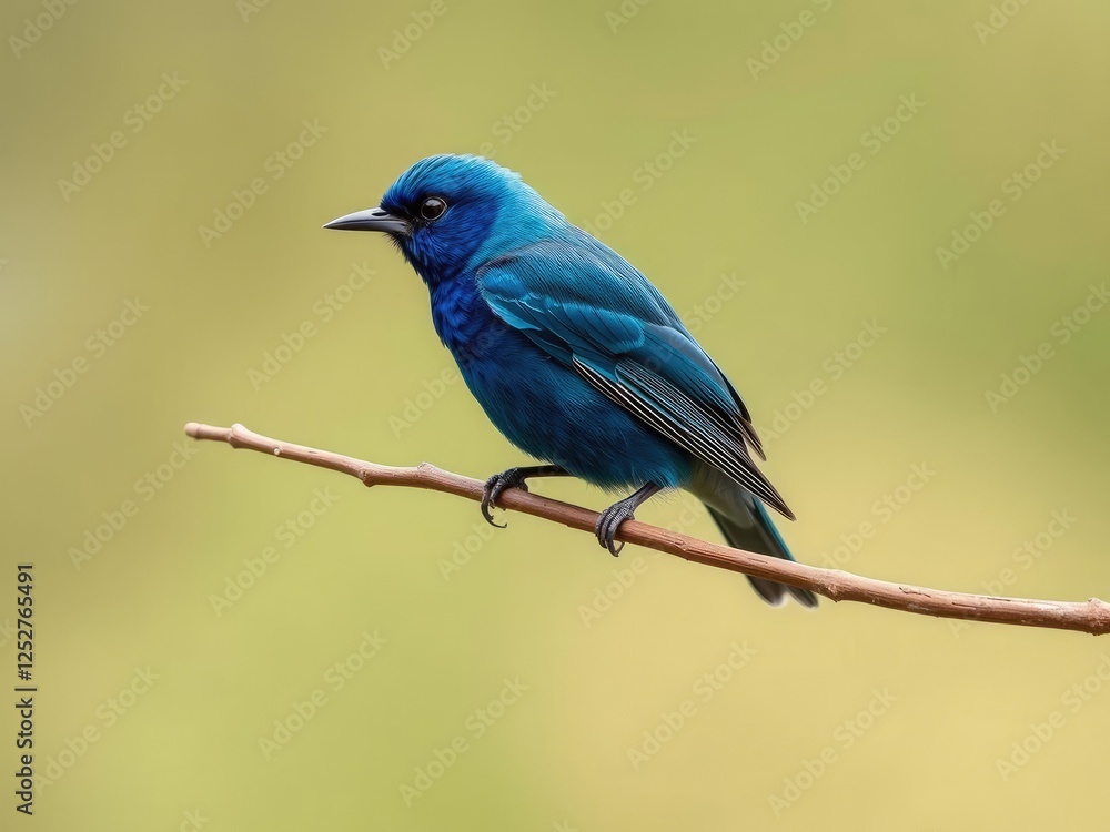 Indigo bunting with vibrant plumage perches on a slender branch against a muted green and cream backdrop, indigo bunting, foliage Indigo bunting with vibrant plumage perches on a slender branch against a muted green and cream backdrop, indigo bunting, foliage
