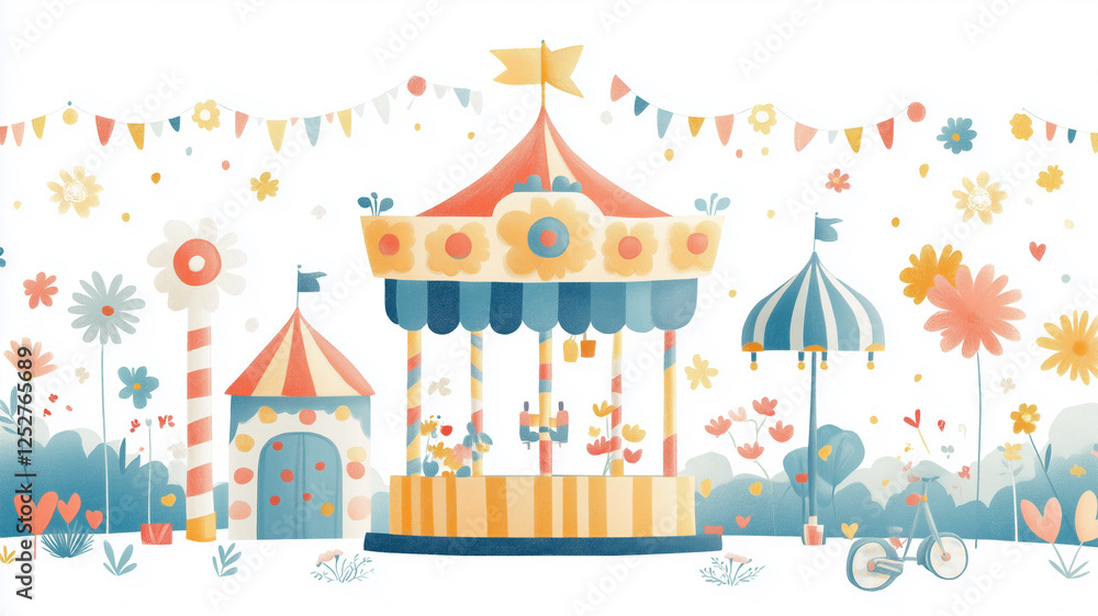 Delightful illustrated fairground scene suitable for a child's memory book. Delightful illustrated fairground scene suitable for a child's memory book.