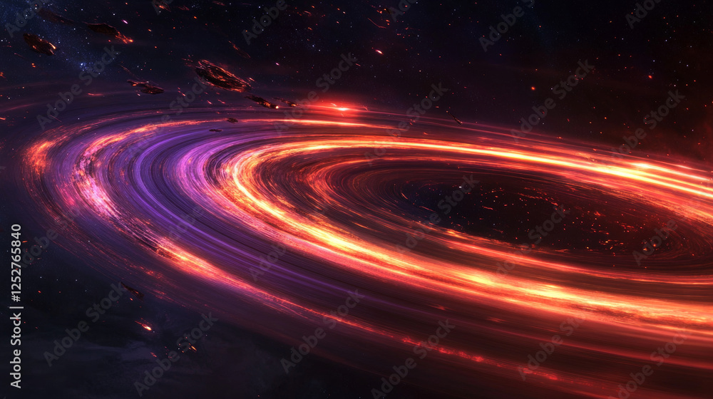 Fototapeta premium Fast light motion speed effect. Vector realistic illustration of abstract neon red, purple rays, circular centric motion on black background, space travel route perspective, explosion energy warp
