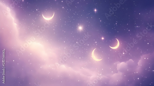 Fototapeta Naklejka Na Ścianę i Meble -  A luminous night sky background with glowing crescent moons and sparkling stars against a light purple and pink hue.
