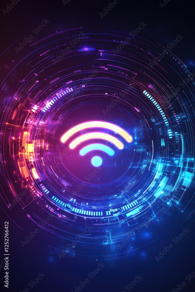 Light-emitting data transmission. Smart device interaction, beeping frequency. Neon signals in circular motion. Wi-Fi symbol with radar waves displaying internet speed
Light-emitting data transmission. Smart device interaction, beeping frequency. Neon signals in circular motion. Wi-Fi symbol with radar waves displaying internet speed