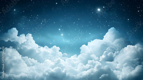 A dark blue night sky with twinkling stars and soft white clouds.
