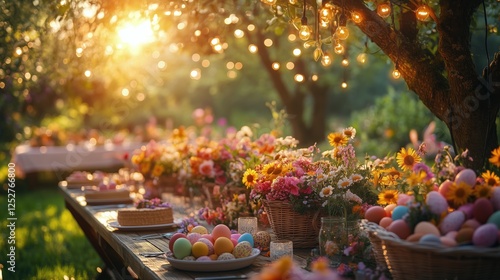 Colorful spring gathering with decorated tables and blooming flowers during g...