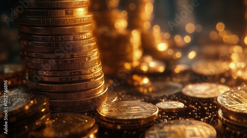 Golden coins stacked on a reflective surface with a warm glow in a dimly lit ...