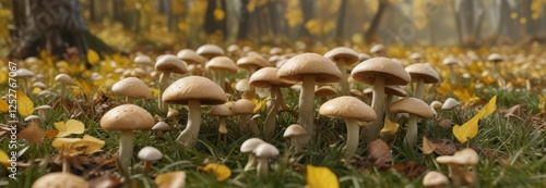 Large group of Tricholoma populinum mushrooms growing on grass and yellow leaves in a fall landscape , nature scenery, truffle mushroom growth photo