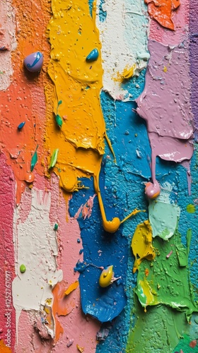 Colorful abstract paint drips create vibrant textures on a canvas surface