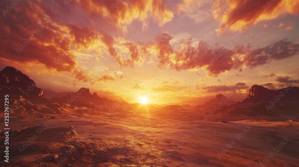 Desert sunset landscape; fiery sky, mountains, sand dunes; travel poster Desert sunset landscape; fiery sky, mountains, sand dunes; travel poster