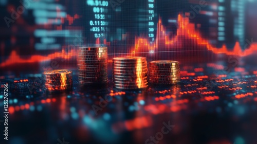 Digital finance data overlay with stacked coins and market graphs in the back...