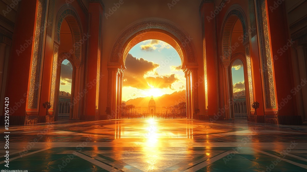 Sunset view through grand palace archway Sunset view through grand palace archway