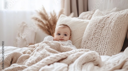 Baby girl relaxing in bed, cozy bedroom decor photo