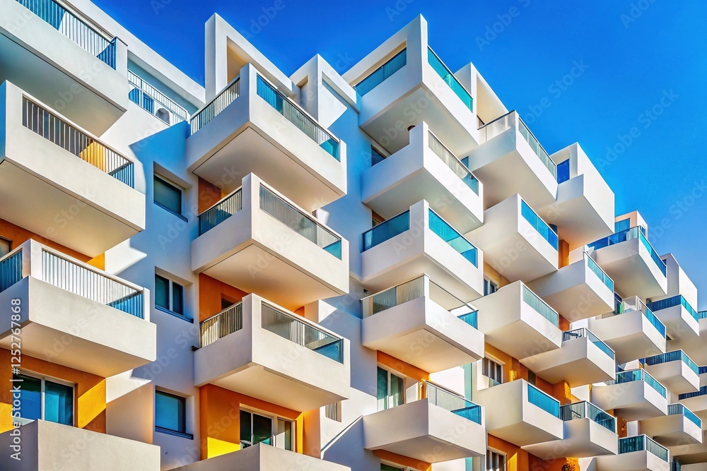 Abstract Architectural Texture: Minimalist White Balconies Against Blue Sky Abstract Architectural Texture: Minimalist White Balconies Against Blue Sky
