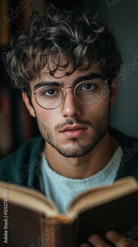 Young man reading a book indoors with a focused expression in a cozy environment