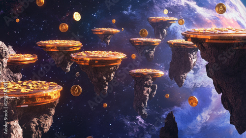 Flying rock islands vector game space background landscape. Cartoon planet in galaxy for arcade videogame. 2d ui level map with floating platform with gold goin in fantasy universe. World asset design photo