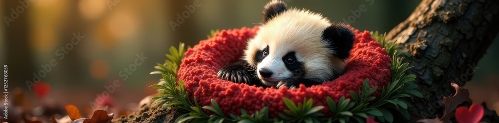 Fototapeta premium Adorable panda snuggled in a heart-shaped nest, cute bear, valentine's day illustrations