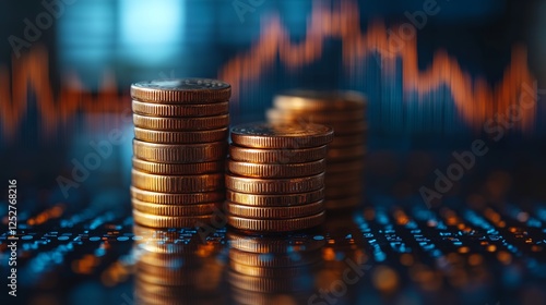 Stacks of coins on financial data background with upward market trend displayed