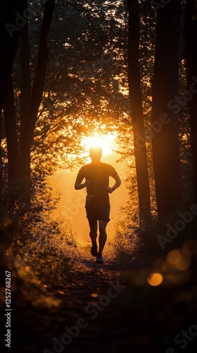 Running through a forest at sunset near a serene pathway surrounded by tall t...