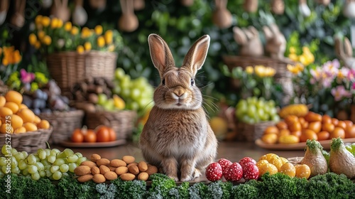 Rabbit surrounded by colorful fruits and vegetables in a vibrant market setting