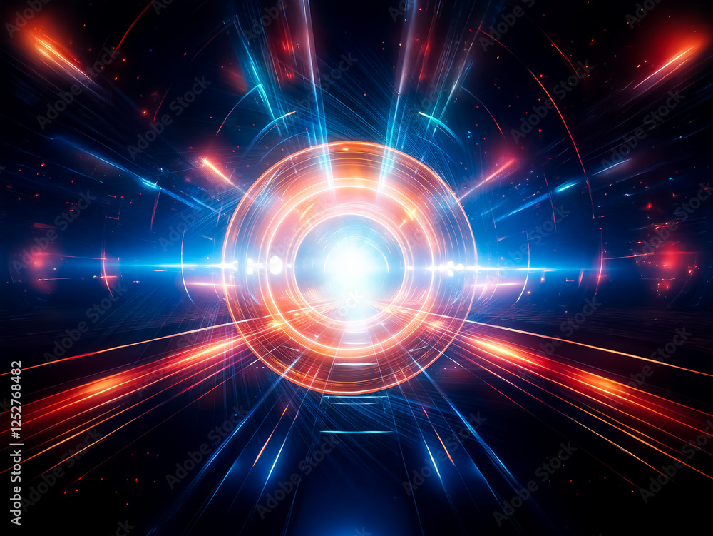 Fototapeta premium A vibrant abstract design with a central glowing circle, radiating blue and orange light streaks creating a dynamic, futuristic, and energetic visual.