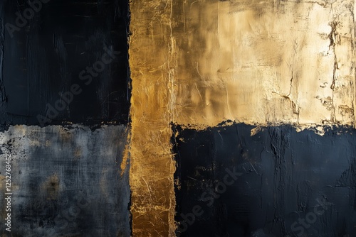 Modern abstract art piece featuring black and gold textures displayed on canvas