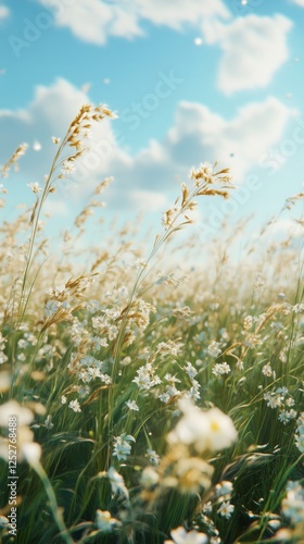 Beautiful meadow filled with flowers under a bright sky during sunny day