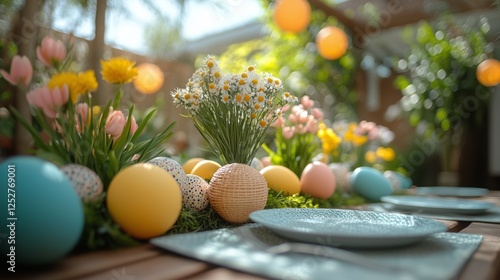 Elegant spring garden decorations for a festive outdoor gathering in sunlight