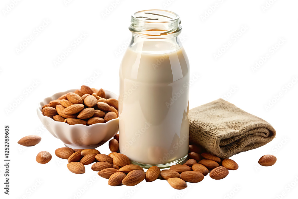 almond milk in glass bottle and almond kernels image isolated on transparent almond milk in glass bottle and almond kernels image isolated on transparent