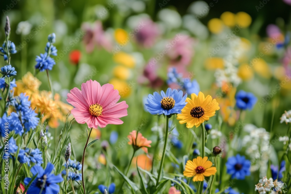 Fototapeta premium Colorful wildflowers blooming in a vibrant meadow during springtime