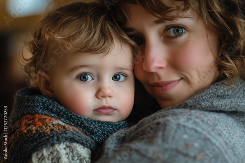 Mother and child share a tender moment indoors, highlighting deep connection ...