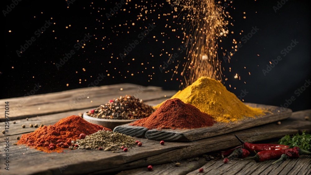 Obraz Spice Up Your Senses: A vibrant collection of spices and herbs - paprika, turmeric, black peppercorns, and more -  explode in a dramatic display on a rustic wooden surface.