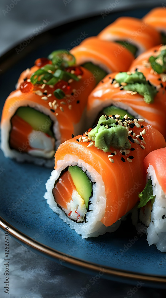 Assortment Of Fresh Sushi Rolls On Blue Plate Assortment Of Fresh Sushi Rolls On Blue Plate