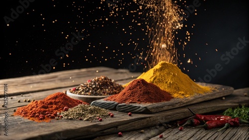 Spice Up Your Senses: A vibrant collection of spices and herbs - paprika, turmeric, black peppercorns, and more -  explode in a dramatic display on a rustic wooden surface.