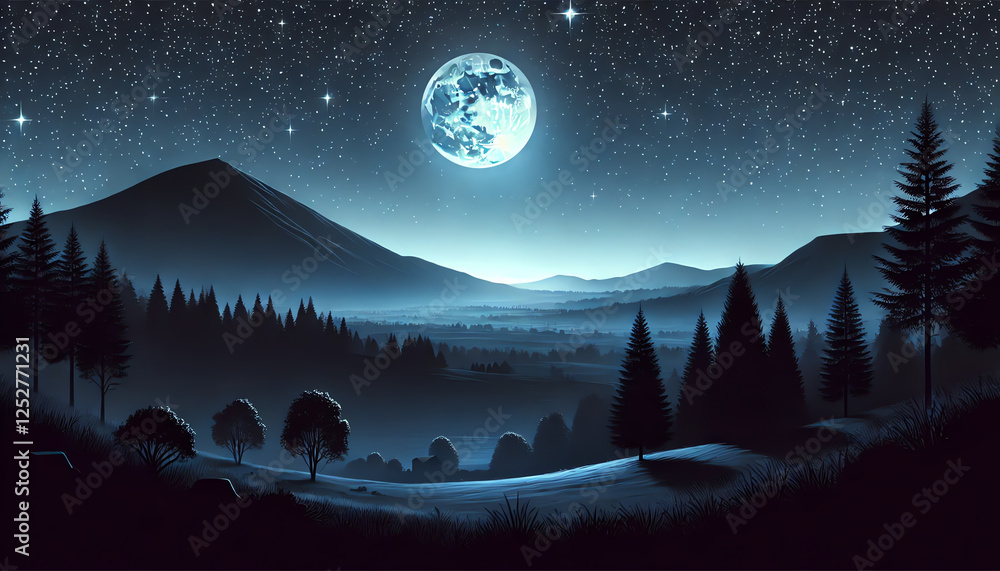 Fototapeta premium A dark blue sky filled with a high density of twinkling stars and a bright full moon