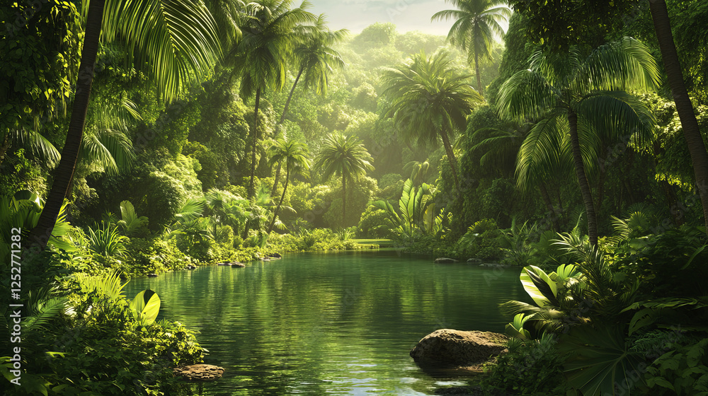 Jungle forest with lake vector cartoon background. Tropical rainforest with palm tree near swamp panoramic environment. Greenery ground meadow near pond water coast with nobody game location Jungle forest with lake vector cartoon background. Tropical rainforest with palm tree near swamp panoramic environment. Greenery ground meadow near pond water coast with nobody game location