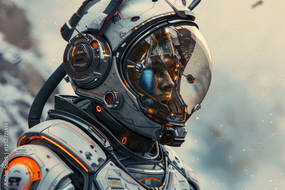 Fototapeta premium Cybernetic Enhancements Enhance the Resilience of a Veteran Space Explorer in an Otherworldly Environment Filled With Cosmic Wonders