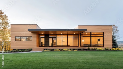 A modern wooden house with large windows, surrounded by green grass and a landscaped area, showcasing contemporary architectural design.