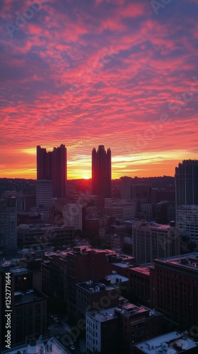 Vibrant sunset over Pittsburgh skyline with colorful clouds and urban landscape