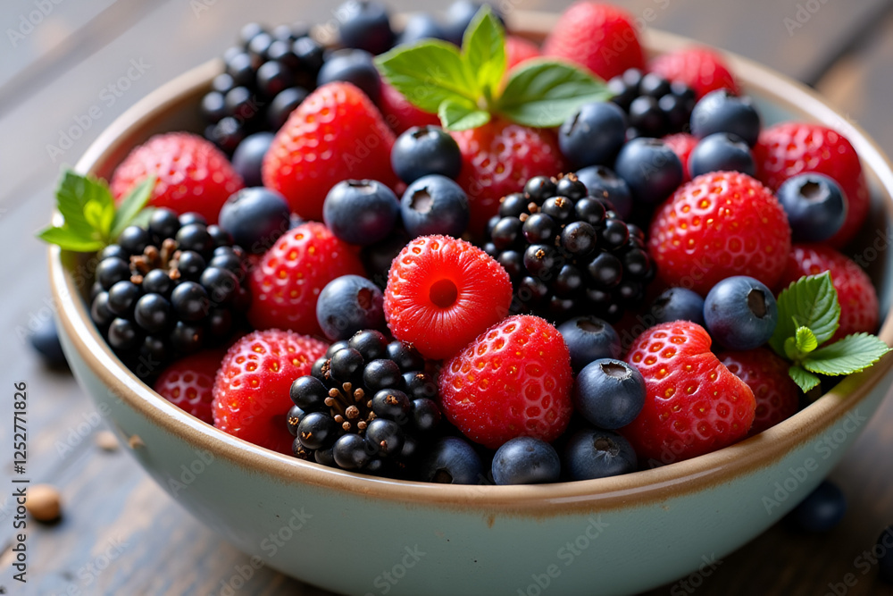 Fresh Mixed Berries in a Bowl – Juicy Raspberries, Blackberries, and Blueberries with Green Mint Leaves on a Wooden Table Fresh Mixed Berries in a Bowl – Juicy Raspberries, Blackberries, and Blueberries with Green Mint Leaves on a Wooden Table