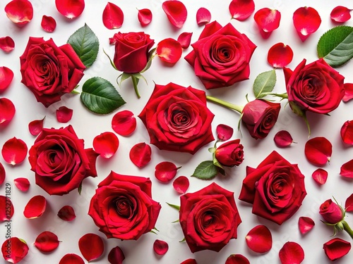 Romantic Red Roses & Petals Flat Lay - Valentine's Day, Wedding, Anniversary Stock Photo