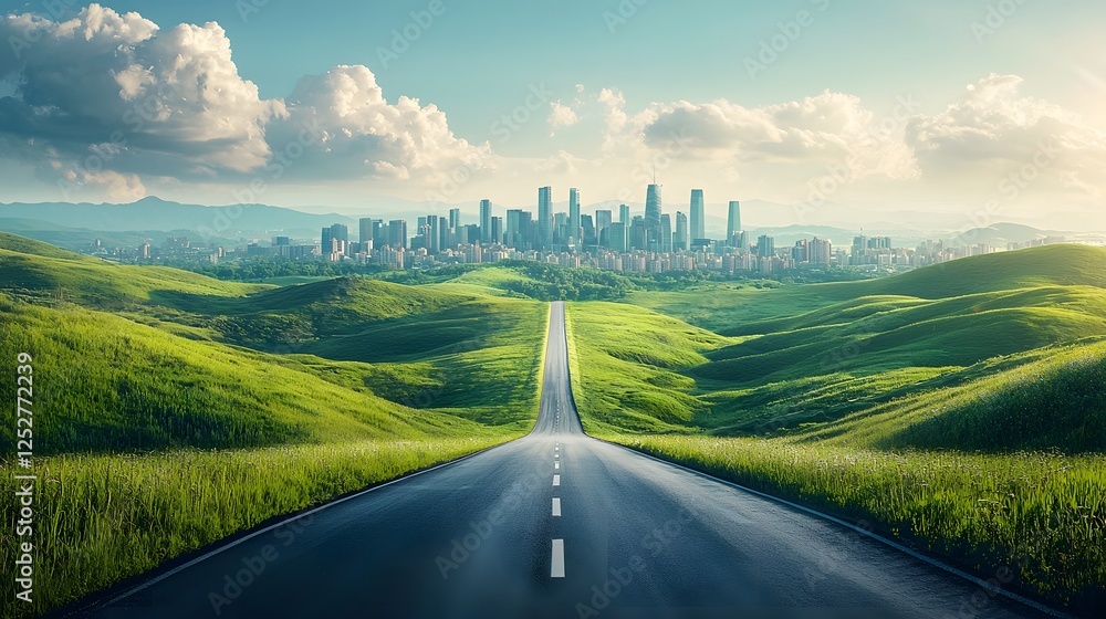 Fototapeta premium Futuristic Cityscape Surrounded by Lush Green Hills and Smooth Roadway Towards the Horizon