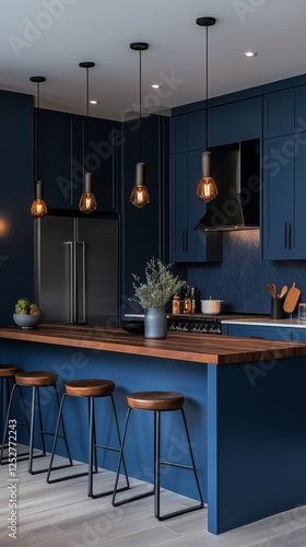 Stylish kitchen with navy blue cabinets and modern pendant lights in contempo...
