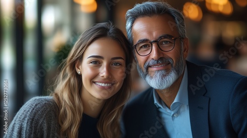 Smiling man and woman pose together in cozy indoor setting during a sunny aft...