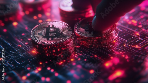 Digital currency trends with glowing bitcoin coins on a circuit-like background